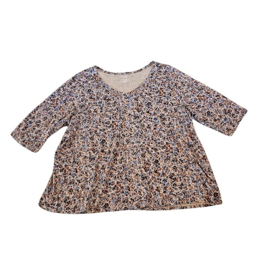 J. Jill Pure Jill Printed Soft V-Neck Top Women 3X Beige Blue Floral Blouse